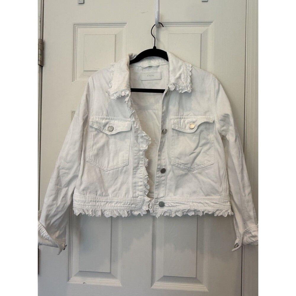 BlankNYC White Denim Eyelet Lace Ruffle Cropped Jacket Womens Large 75XV5492T